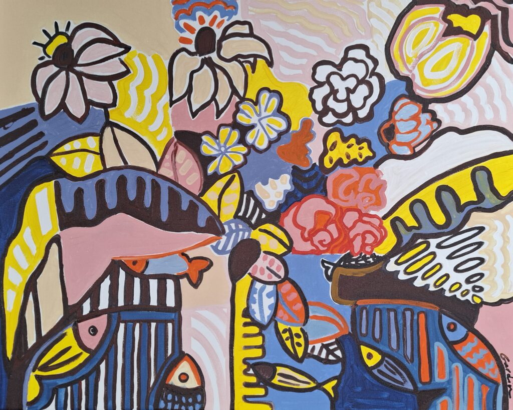 Vase poissons, toile 60X73, 2025