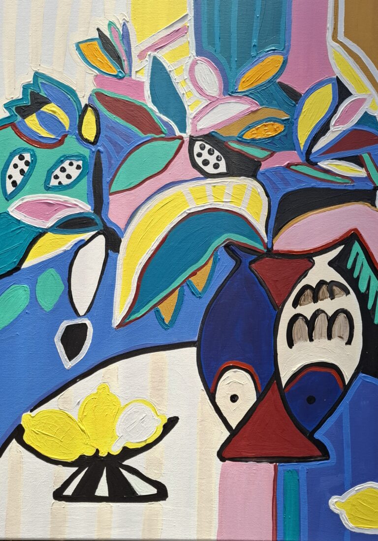 Fleurs et citrons,  acrylique sur toile 81X65, 900 €