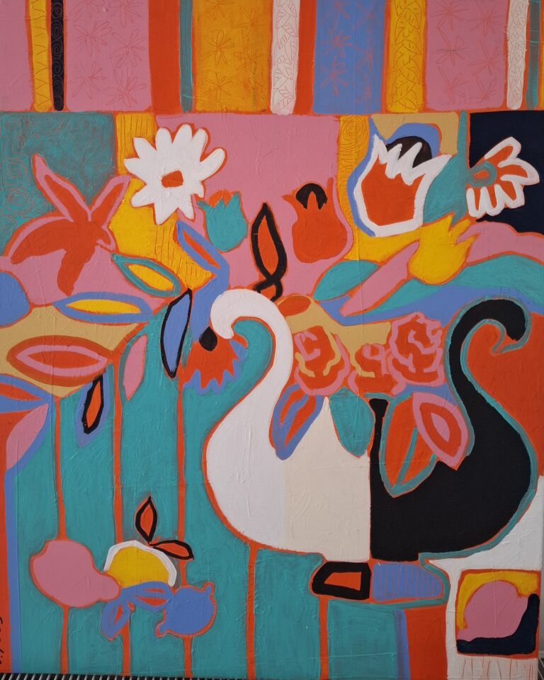 Vase aux deux cygnes, acrylique sur toile 80X100, 1600 €